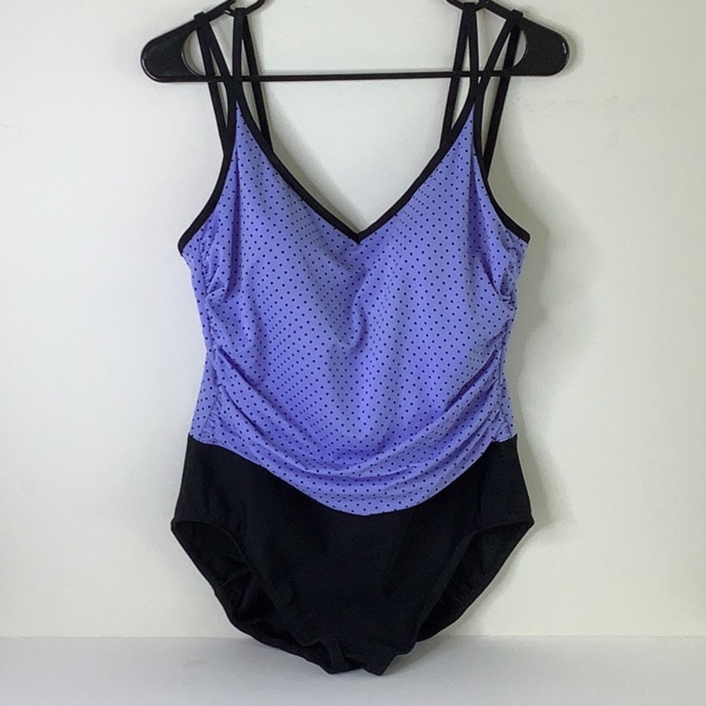 Trimshaper Purple and Black One Piece Polka Dot Swimsuit with V-Neckline